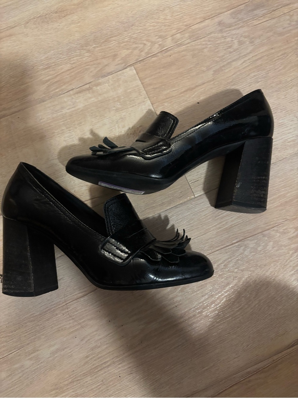 Black Tassel Block Heel Loafers for Women